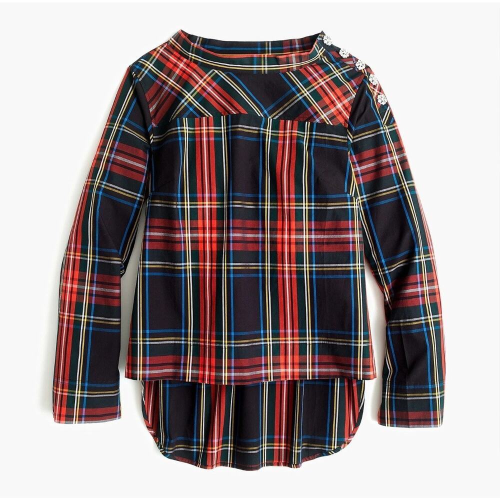 J. Crew Holiday Tartán Stewart Plaid Jeweled Funnelneck Top Size 10 2569
